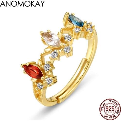 Anomokay New Colorful Crystal Crown Gold Color Women Rings Luxury Jewelry Gift Real Sterling 925 Silver Resizable Crown Ring