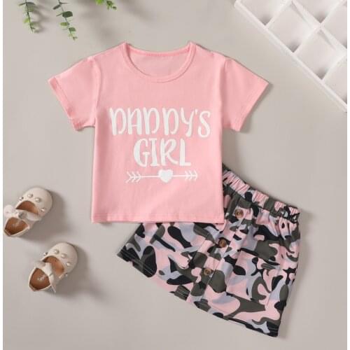 Toddler Baby Girl Outfits Two Piece Suit Fashion Letter Short Sleeve T-shirt and Camouflage Short Skirt Children Summer Clothes