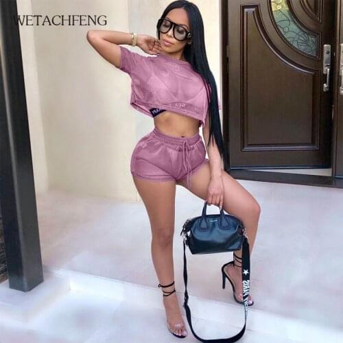 Summer T-shirts Biker Shorts Two Piece Set Women Reflective Sexy Club Mesh Transparent Outfit 2020 New Tracksuit Ladies clothing