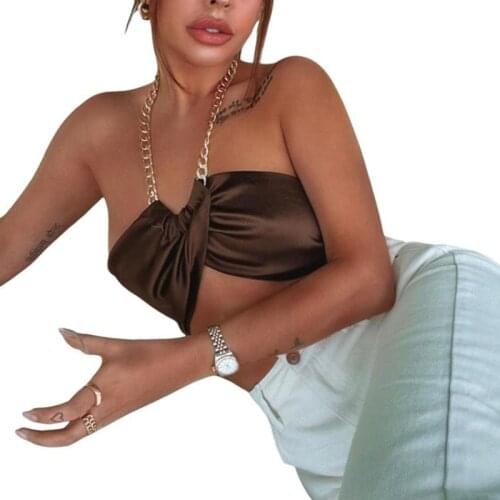 Women’s Sexy Chain Halter Camisole Summer Fashion Solid Color Round Neck Exposed Navel Tops Metal Chain Top Solid Color Vest