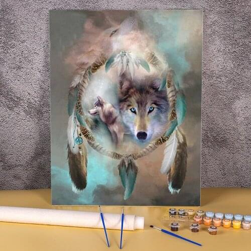 Dreamcatcher Wolf DIY Painting By Numbers Complete Kit Oil Paints 40*50 Canvas Pictures Decorative Paintings Handicraft