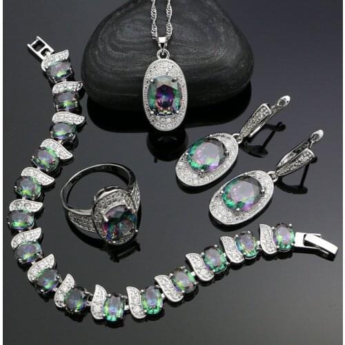 925 Silver Jewelry Sets For Women Rainbow Cubic Zirconia Earrings Pendant Ring Bracelet Necklace Sets Silver Set Women Jewelry