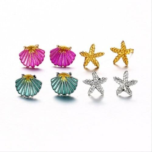 New 4 Pairs/lot Fashion Stud Earrings Set For Women Elegant Mixed gold Starfish purple shell metal colored Earings Jewelry