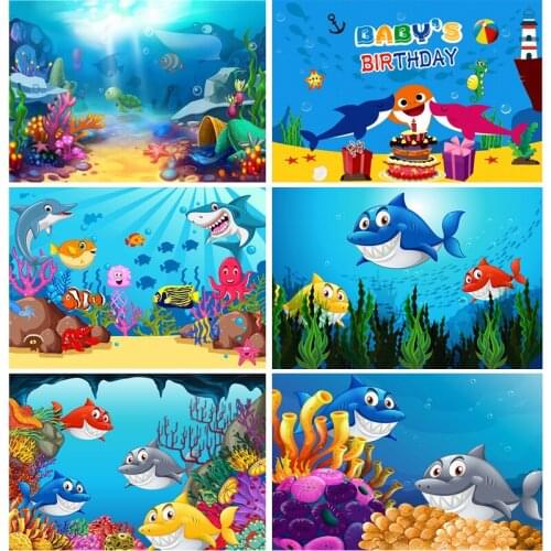 Underwater World Cute Cartoon Shark Photography Background Baby Birthday Backdrop For Photo Studio Shoot Props 21519-33