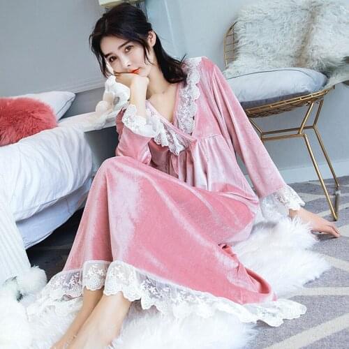 Casual Soft Homewear Winter Nightdress Keep Warm Sleepwear Nightdress Solid Colour V-neck Nightgown Lace Nightwear For Lady