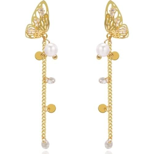 Women Earring Gold Plated Pearl Tassel Butterfly Earrings Banquet Couple Wedding Earring Birthday Gift for Girl Fasion Jewellery