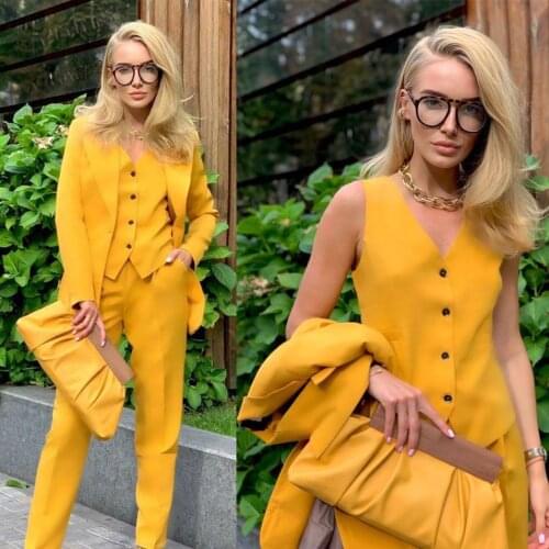 Classic 3 Pieces Women Suits ( Blazer + Pants + Vest ) Yellow Custom Made Peaked Lapel Fashion Elegant Office Lady Coat