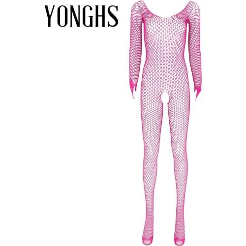 Womens Lingerie Sexy Stretchy Nightwear Round Neck Long Sleeve with Thumb Hole Crotchless Bodysuit See-through Mesh Bodystockink