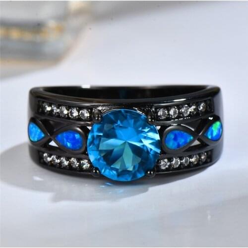 Boho Female Big Purple Rainbow Stone Ring Vintage Black Gold Wedding Rings Promise White Blue Opal Engagement Rings For Women