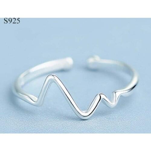 Genuine Real Pure Solid 925 Sterling Silver Rings for Women Fine Jewelry ECG Wave Fashion Adjustable Female Finger Ring Bague