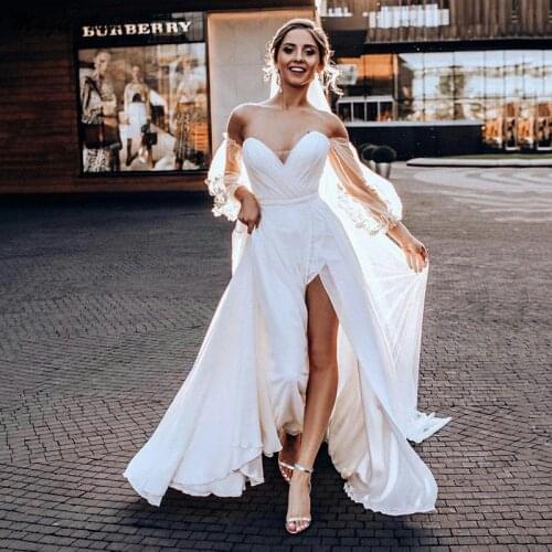 Magic Awn 2021 Beach Off The Shoulder Wedding Dresses Long Sleeves Illusion Lace Appliques Boho Bridal Gowns Side Split Vestidos