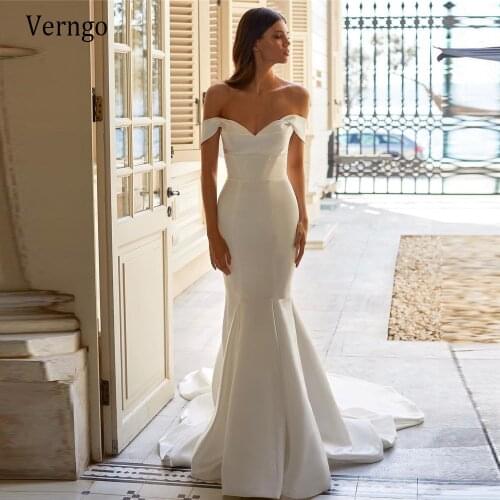 Verngo 2021 Simple Satin Mermaid Wedding Dresses Off the Shoulder Short Sleeves Lace Up Back Bridal Gowns With Court Train