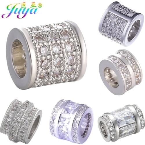 Juya DIY Large Hole Tube Beads Supplies Gold Cubic Zirconia Spacer Charm Beads For Natural Stones Beadwork Jewelry Making