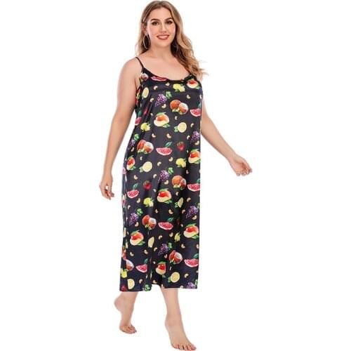 DOIB Women Fruit Print Pajamas Black Spaghetti Strap Nightgowns Plus Size Sleepwear Dress Oversize Gown Homewear Summer Dress