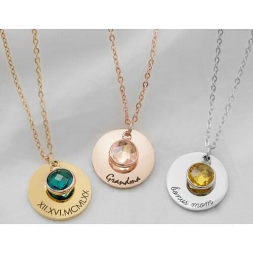 Customized Personalized Engraved Baby Name Pendant Necklace Birthstone Gemstone Mom Mothers Day Gift Ideas for Grandma Gift