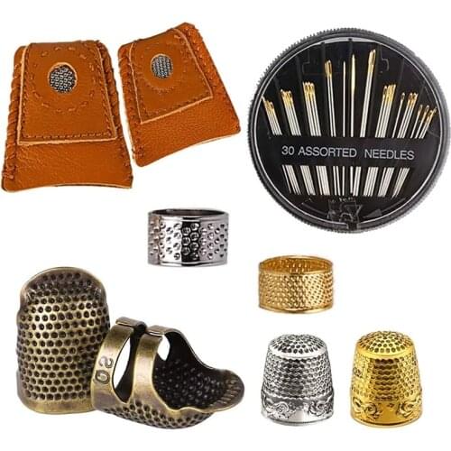 KAOBUY 38PCS Sewing Thimble + Needles, Finger Protector Adjustable Metal Bronze Sewing Thimble Rings And Leather Coin Thimble