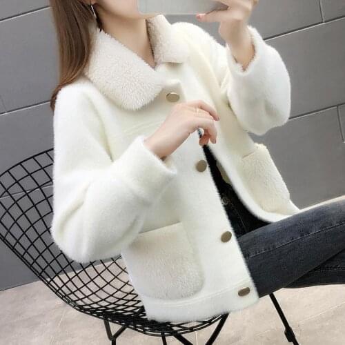 Women 2020 Autumn Winter Imitation Mink Velvet Cardigan Female Fashion Sweet Sweater Coat Long Sleeve Casual Warm Outerwear A187
