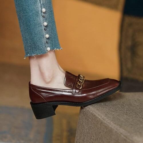 Genuine Cow Leather Loafers Mid Heel Square Toe Ladies Casual Shoes Oxford Shoes Women Chain Decoration