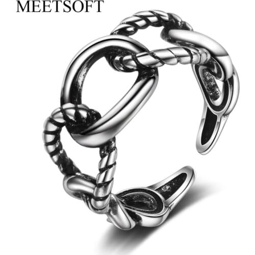 MEETSOFT Tibetan Silver Plated Opening Ring For Women Simple Adjustable Circle Rope Retro Round Double Layer Jewelry Gift