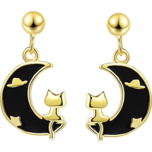 Cute Cat Moon Japanese Small Gold Plated Stud Earrings For Women Trendy Animal Korean Kawaii Jewelry For Girls Gift SD2169