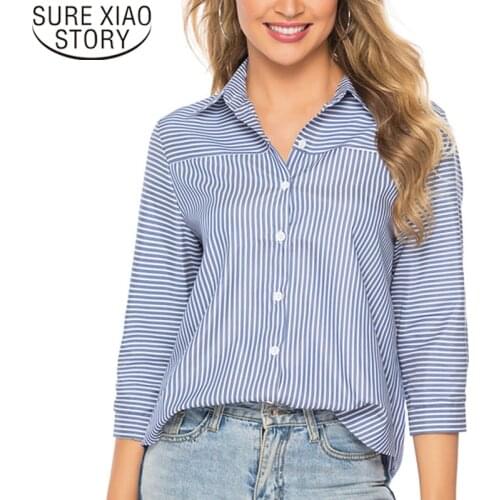 Fashion women blouse and tops 2021 ladies tops harajuku blouse shirts office lady Striped Three Quarter Button plus size 3861 50