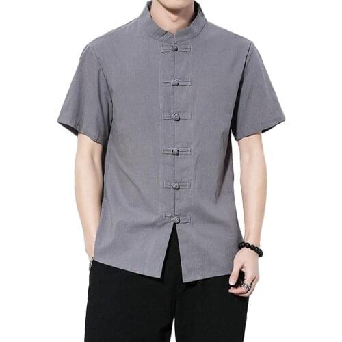 Fashion Men Shirts Solid Color Stand Collar Short Sleeve Loose Shirt Chinese Style Tang Suit футболка Mens Clothing 2021