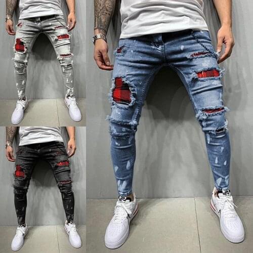 Mens Quilted Embroidered Jeans Skinny Jeans Ripped Grid Stretch Denim Pants MAN Elastic Waist Patchwork Jogging Denim Trousers