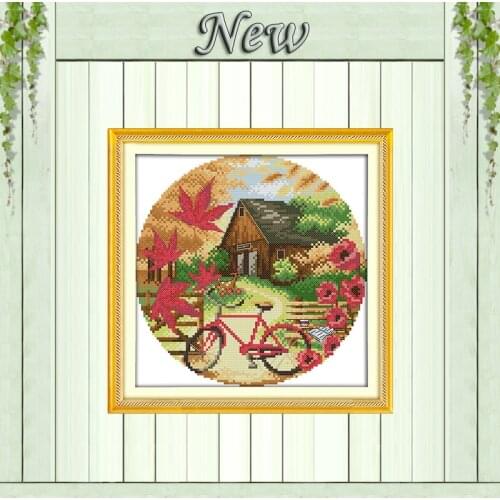 Autumn scenery cabin Bicycle diy painting Counted print on canvas 14CT 11CT Chinese Cross Stitch Needlework kits Embroidery Sets