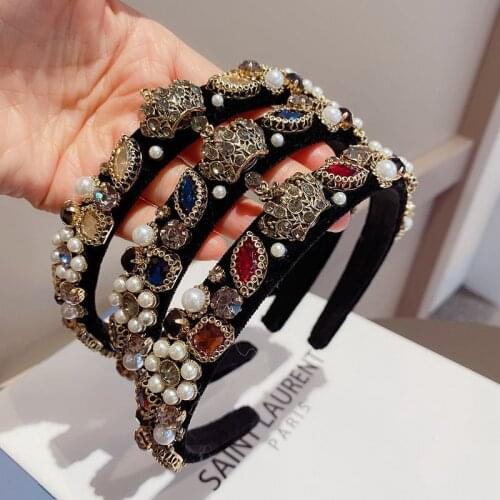 Luxury Diamonds Crown Pearls High End Velvet Hairband Vintage Princess Baroque Style Retro