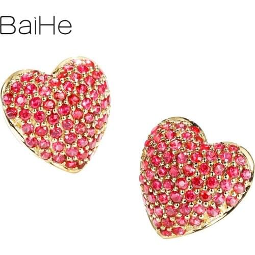 BAIHE Solid 14K Yellow Gold 0.70ct Round Natural Rubis/Tsavorite Wedding Trendy Fine Jewelry Heart Stud Earrings for Women