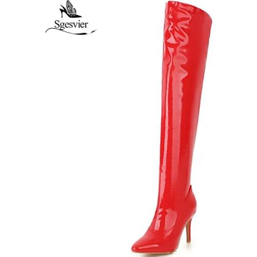 Sgesvier autumn winter black long boots women extreme high heel over-the-knee high boots shiny PU leather thigh high boot B791