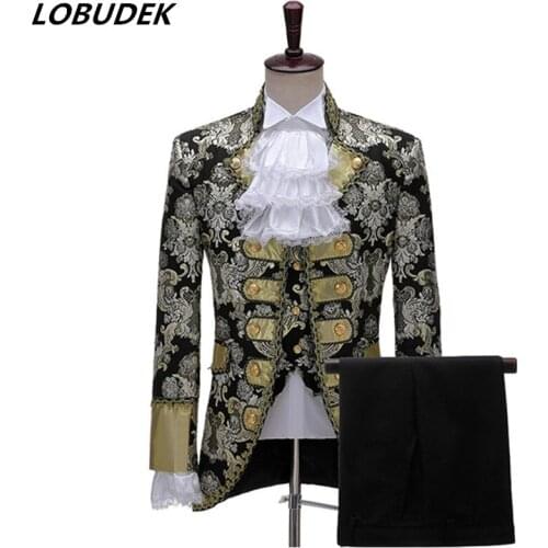 Stylish Vintage Court Dress Jacquard Suit Mens Wedding Groom 3-Piece Set Tuxedo Suits (Blazer+Vest+Pants) Singer Chorus Costume