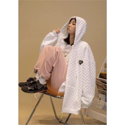 Korean style street waffle jacket women zipper cardigan sports sweater womens Harajuku Y2K loose warm all-match jacket hooded