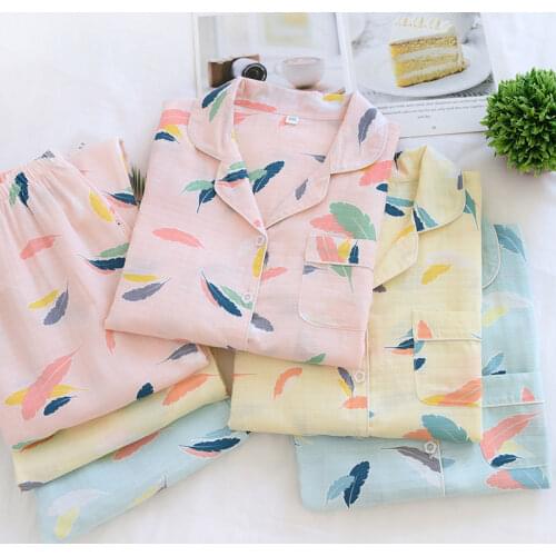 100% Cotton Womens Home Clothes Lovely Feather Printed Pajamas Home Suit Female Spring Gauze Sleepwear Set Plus Size Loungewear