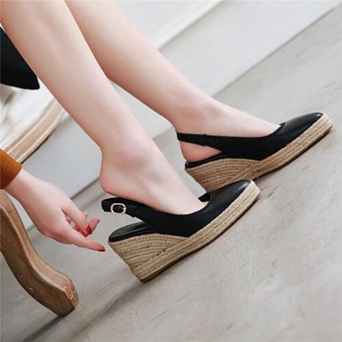 YMECHIC 2019 Summer Daily Office Dress Womens Shoes Heels Buckle Slingbacks White Black Beige Weaving Wedges Heel Platform Pumps