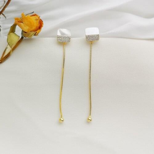 S925 Silver Ear Needle Stud Earrings Natural Mother Shell With Zircon Brass Chain 14kReal Gold Korea Jewelry for Women HYACINTH