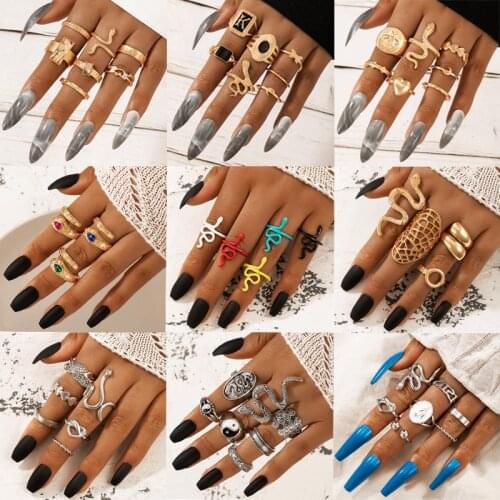 Tocona Boho Colorful Snake Joint Ring Sets for Women Tai Chi Opening Ring Sets for Women Men Clear Crystal Stone Flower Jewelry