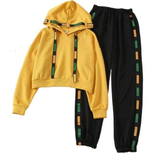 Womens Tracksuit Sets 2 Piece Set Top And Pants Solid Crop Top Hooded Sweatshirt Elastic Waist Patchwork Sports Outfit Suit