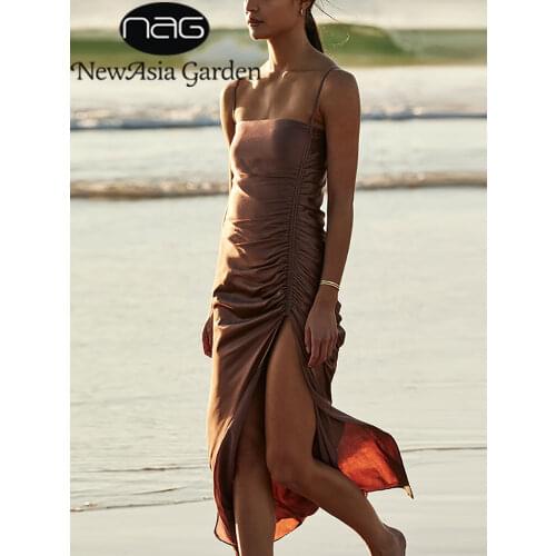 NewAsia Fall Satin Dress Spaghetti Strap Shirring Side Split Sleeveless Elastic Square Neck Midi Dress Sexy Woman Brown Dresses