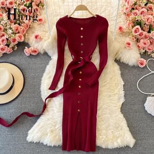 HangCode Autumn Winter Women Bodycon Dress Sexy Package Hips Split Office Lady Dress Basic Solid Knit Sweater Dress Vestidos
