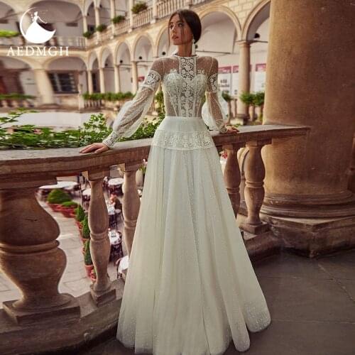 Aedmgh A-Line Boho Wedding Dresses 2021 O-Neck Long Puff Sleeve Vestido De Novia Simple Lace Applique Sweep Train Robe De Marige