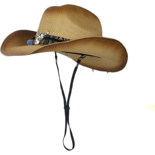 2020 Shapable Toyo Straw Cowboy Hat W/Beaded Trim Band Western Cowgirl, Natural, Windproof Rope Sun Hat