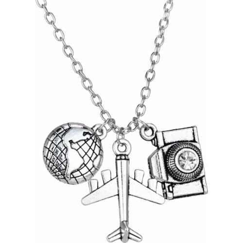 24PC/Lot Globe Earth Aircraft Plane Camera Pendant Traveling The World Necklace Wanderlust Travelers Necklaces Lover Travel Gift