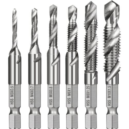 6pcs M3-M10 Screw Tap Drill Bits HSS Taps Countersink Deburr Set Metric Combination Bit 1/4Inch Hex Shank Quick Change