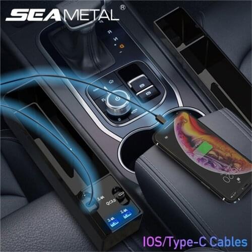 IOS/Type-C Cable Car Organizer Multifunctional Auto Storage Box Seat Gap Pocket Dual USB Charger Universal Car Seat Gap Box