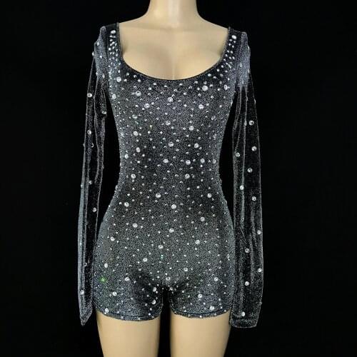 Sparkly Silver Stones Black Spandex Rompers Singer Outfit Leotard Evening Birthday Party Stage Sexy Rhinestones Bodysuit
