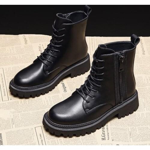 Ankle Boots For Women Shoes Woman Leather Boots Thick Bottom Mid Heels Round Toe Lace Up Zip Winter Boots Botas Mujer Plus Size