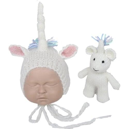 Angora Baby Bonnet Toy Set Newborn Photography Props Knit Fluffy Animal Stuffer Toy Photo Shoot Infant Gray Soft Hat Props