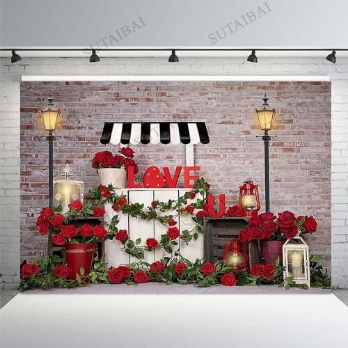 Valentine Day Photography Backdrops Vintage Brick Wall Love Decor Rose Flowers Street Lamp Photo Background Studio Props Booth