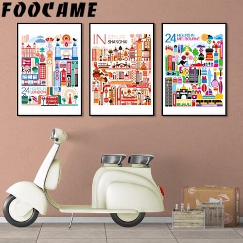 Cartoon Cityscape London Melbourne Shanghai Poster Art Canvas Painting Modern Home Decoration Print Wall Picture Living Room